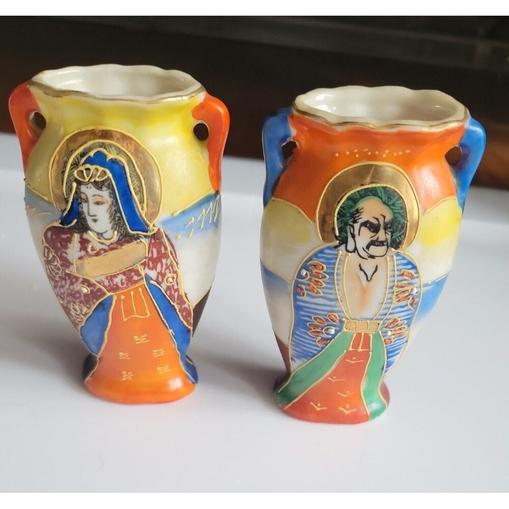 Pair of Mini Satsuma? Pico Occupied Japan Vases, Emperor and Empress, Vintage